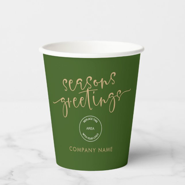 Company Logo Gold Green Seasons Greetings Xmas Paper Cups (Front)