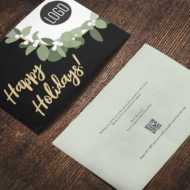 Company logo Happy holidays wreath coupon voucher Holiday Card (corporate custom logo Happy Holidays greeting card with QR code coupon code voucher)