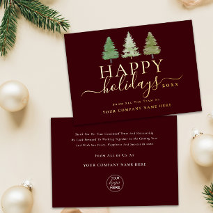 Company Logo Happy Holidays Xmas Trees Script Gold Foil Holiday Card