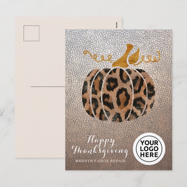 Company Logo Happy Thanksgiving Leopard Pumpkin Holiday Postcard (Front/Back)