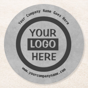 Company Logo & Information Grey Background on Round Paper Coaster