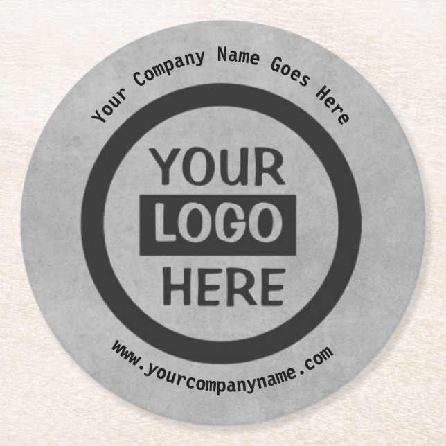 Company Logo & Information | Grey Background on  Round Paper Coaster (Front)