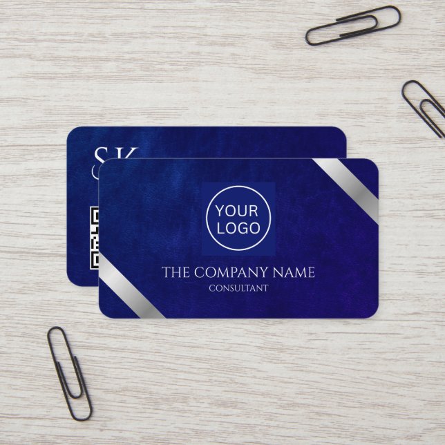 Company Logo Luxury Royal Blue Leather  Business Card (Front/Back In Situ)