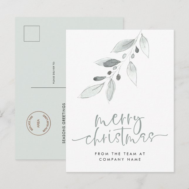 Company Logo Minimalist Leaves Merry Christmas Postcard (Front/Back)