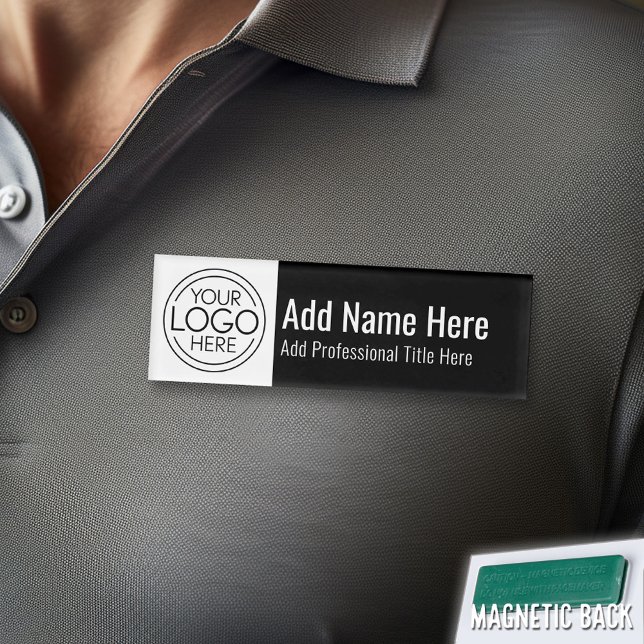 Company Logo - Name, Professional Title, Black Name Tag (Custom Logo Employee Name Tag)
