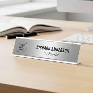 Company Logo Name Title Modern Silver Texture Desk Name Plate
