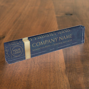 Company Logo Navy Leather and Golden Custom Nameplate