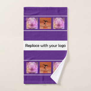 Company logo photo collage purple white hand towel