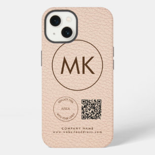 Company Logo QR Code Monogram Cream Faux Leather iPhone 13 Case