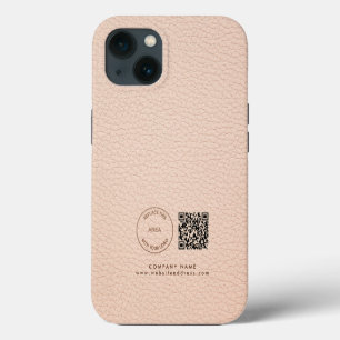 Company Logo QR Code Name Cream Faux Leather iPhone 13 Case