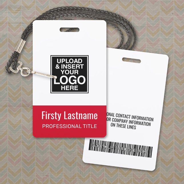 Company Logo - RED - Name Title Bar Code Custom ID Badge (Logo Name Badge with Optional Lanyard)