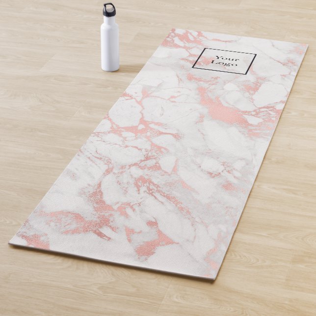 Company logo rose gold white marble business yoga mat (In Situ)
