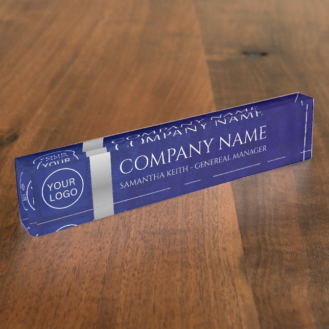 Company Logo Royal Blue Leather and Silver Custom Nameplate (Side)