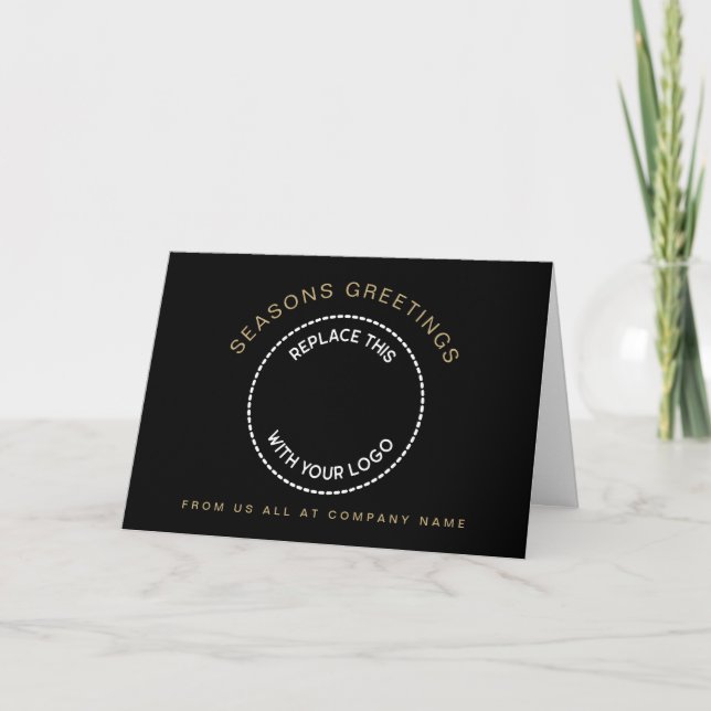 Company Logo Seasons Greetings Gold Black Holiday Card (Front)