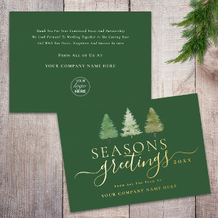 Company Logo Seasons Greetings Trees Script Gold Foil Holiday Card