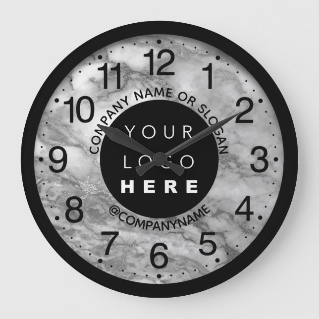 Company Logo Silver Gray Marble Name Slogan   Large Clock (Front)