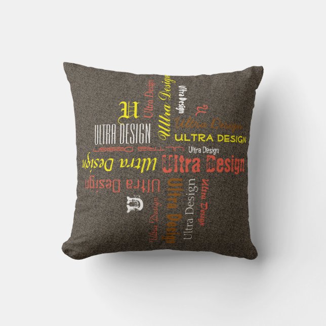 Company Name 70s Typography Collage on any Colour Cushion (Front)