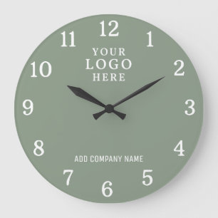 Company Name Business Logo Branded Sage Green Large Clock