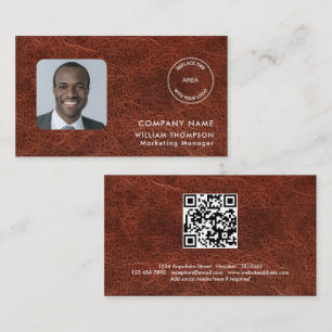 Company Name Logo Photo QR Code Brown Faux leather Business Card