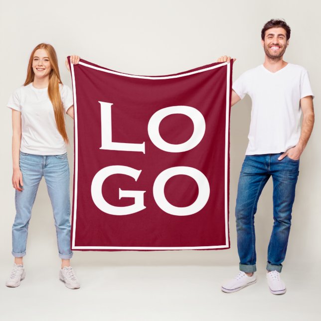 Company or Business Custom Logo on Burgundy Red Fleece Blanket (In Situ)
