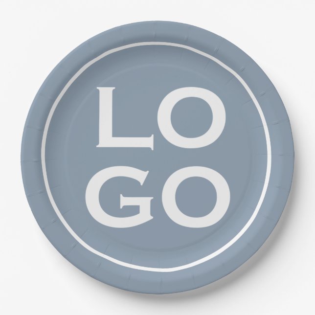 Company or Business Custom Logo on Dusty Blue Paper Plate (Front)