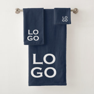 Company or Business Custom Logo on Navy Blue Bath Towel Set