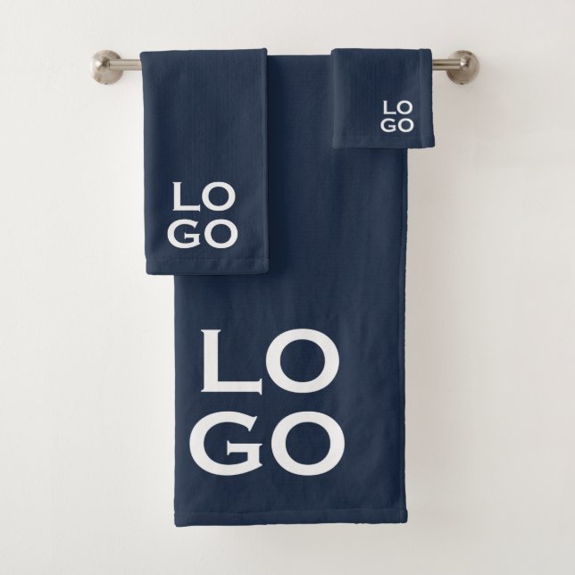 Company or Business Custom Logo on Navy Blue Bath Towel Set (Insitu)