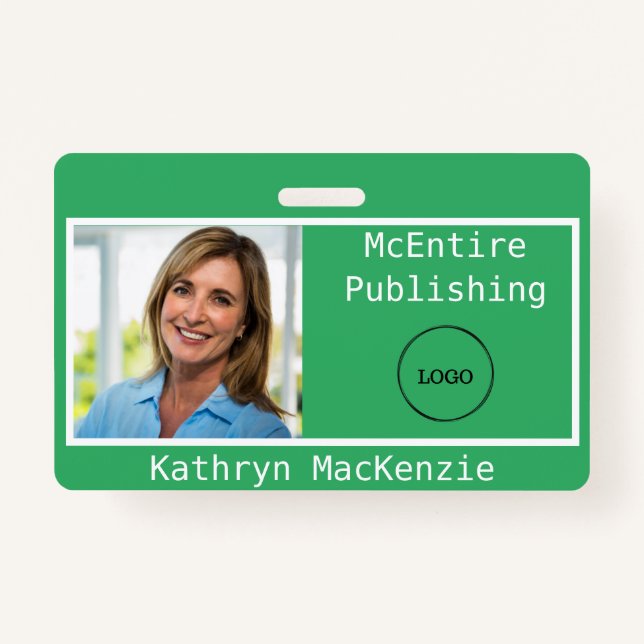 Company Photo Green and White Logo Name ID Badge (Front)
