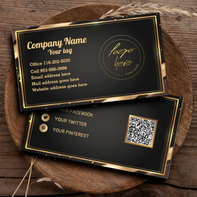 Company Professional Logo Design Business Card (Elegant black gold business card #boutique #modern #gold#professional #qrcode)