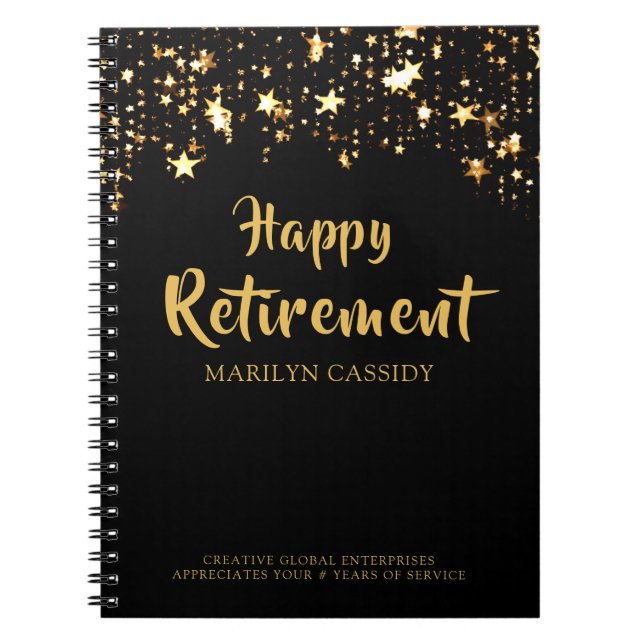 Company Retirement Party Black and Gold Stars Notebook (Front)