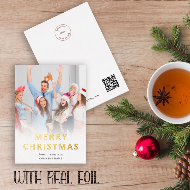 Company Team Photo Logo QR Code Merry Christmas Foil Holiday Card (Front and back view)