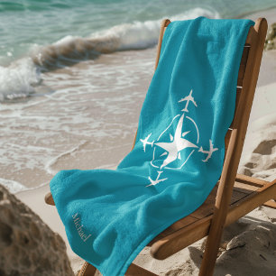 Compass Aeroplane Travel Simple Blue Custom Beach Towel