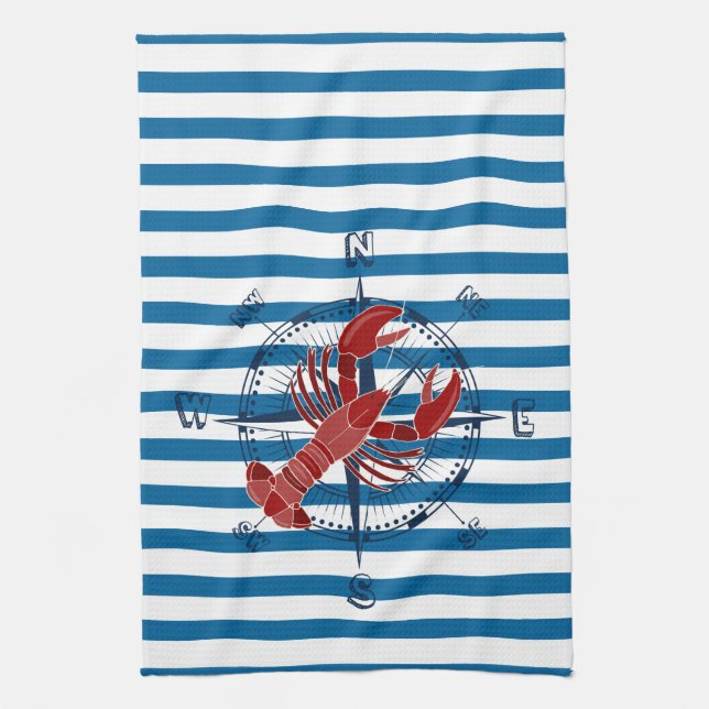 Compass and Lobster Blue and White Stripe Towel (Vertical)