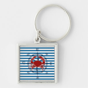 Compass and Red Crab Blue and White Stripe Key Ring