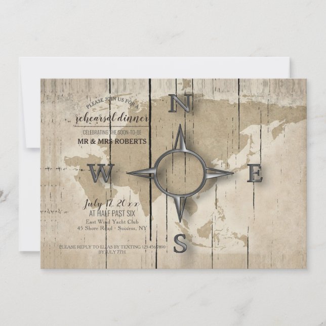 Compass and World Map Rehearsal Dinner Party Invitation (Front)