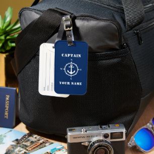 Compass & Boat Anchor   Your Name/Rank Navy Blue Luggage Tag