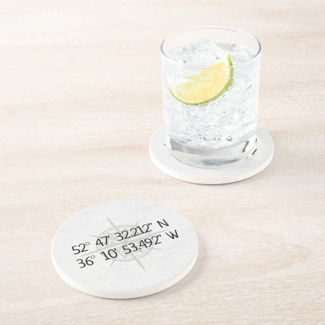 Compass GPS Home Coordinates On Wood Coaster (Side)