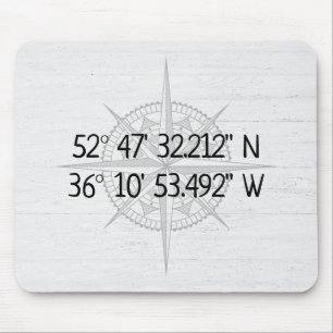 Compass GPS Home Coordinates On Wood Mouse Mat