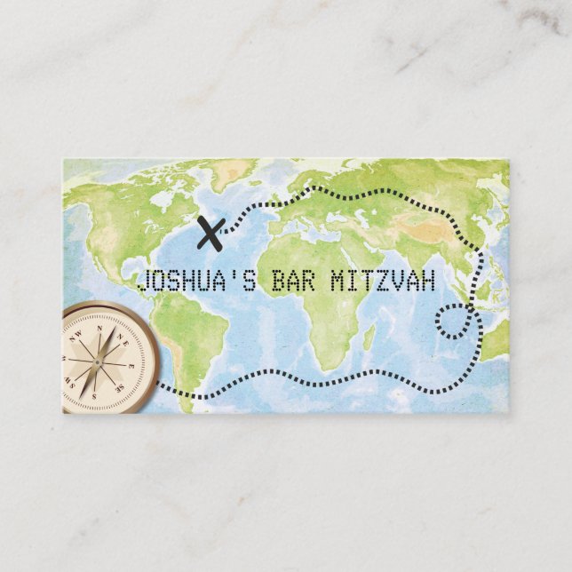 Compass Map Travel Bar Bat Mitzvah Placecard (Front)