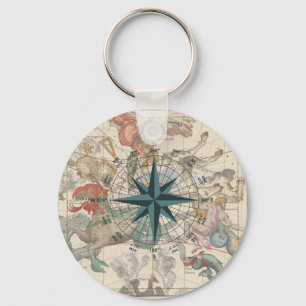 Compass on an Ancient Map Key Ring