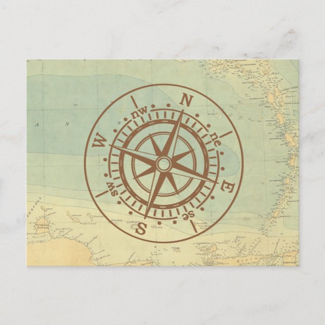 Compass on old map nautical travel postcard (Front)