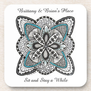 Compass Rose Abstract Doodle with Turquoise Coaster
