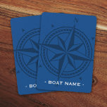 Compass rose and custom boat name blue playing cards<br><div class="desc">Playing cards featuring your custom boat name on a blue background with a compass rose in a darker shade of blue.</div>