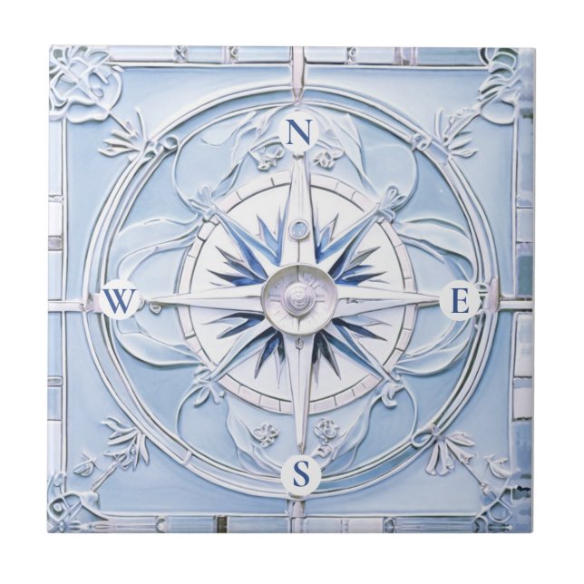 Compass Rose Art Nouveau Faux Relief Blue Nautical Tile (Front)