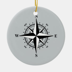 Compass Rose Black & White Ceramic Tree Decoration