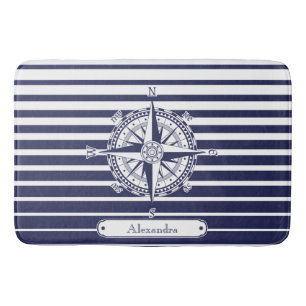 Compass Rose Blue Stripes Bath Mat