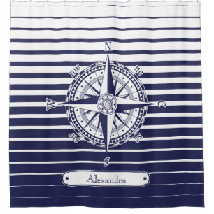 Compass Rose Blue Stripes Bathroom Shower Curtain