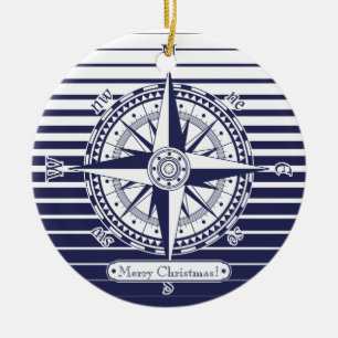 Compass Rose Blue Stripes Ceramic Tree Decoration