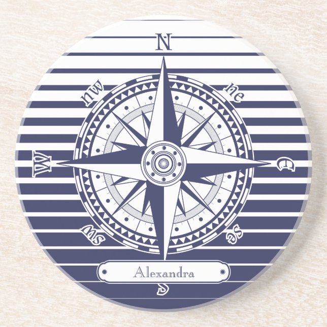Compass Rose Blue Stripes Coaster (Front)