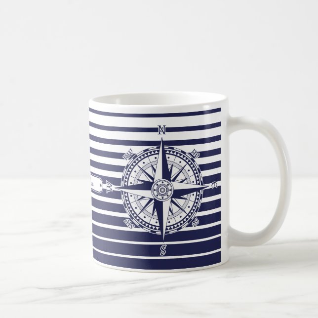 Compass Rose Blue Stripes Coffee Mug (Right)